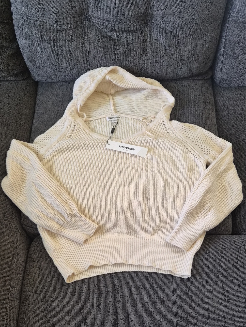 Vigoss Cream Hooded Ribbed Knit Sweater